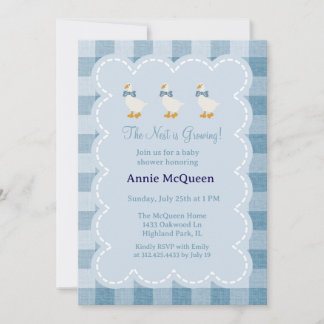 Puderblaue Gingham-Gans-Baby-Party-Einladung Einladung
