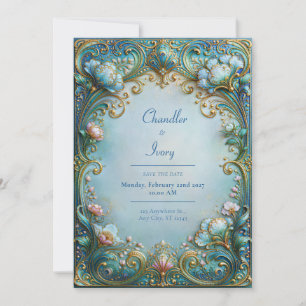 Puderblaue Gold-Filigran-Hochzeit Einladung
