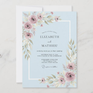 Puderblaue Mauve-Blatt-Hochzeit Einladung