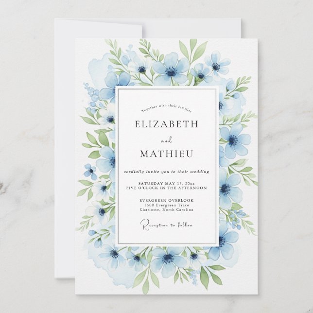 Puderblaue ruhige botanische Hochzeit Einladung (Vorderseite)
