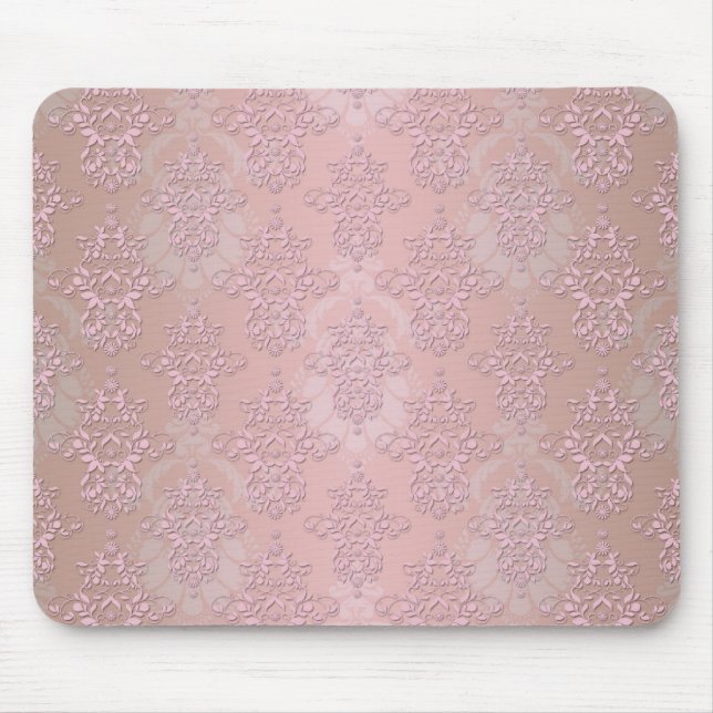 Puderquaste Rosa Mädchenhaft Damast Mousepad (Vorne)