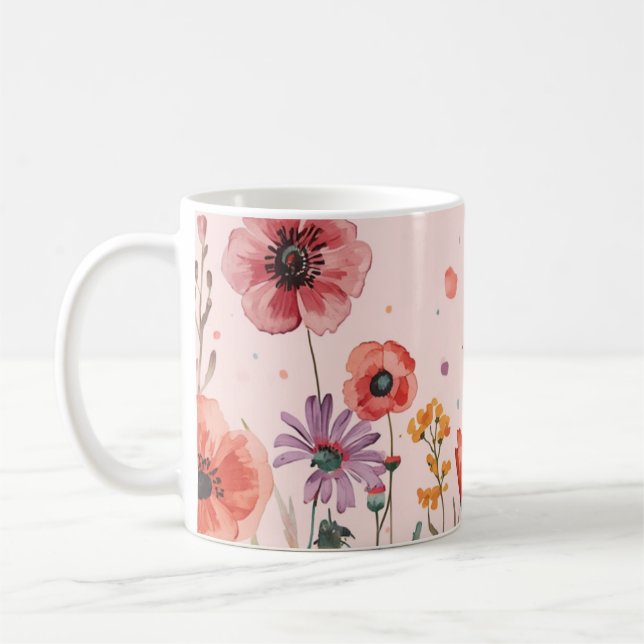 Puderrosa Hintergrund mit Mohn & Wildblumen Kaffeetasse (Links)