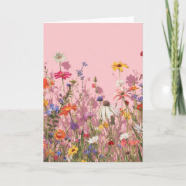 Puderrosa Hintergrund mit wilden Blumen Karte