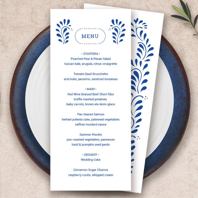 Puebla Style Blau mexikanisches Hochzeitsmenü Programm (Puebla Style Blue Mexican Wedding Menu by Fiesta Valley Print)