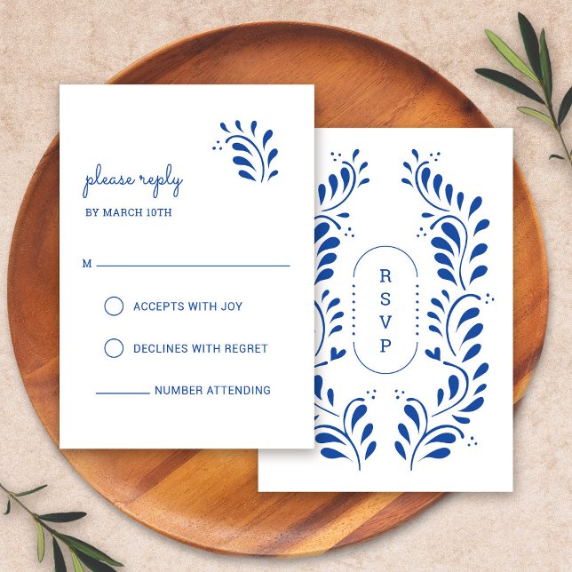 Puebla Style Blue Mexican Wedding RSVP Card Karte (Puebla Style Blue Mexican Wedding RSVP Card by Fiesta Valley Print)