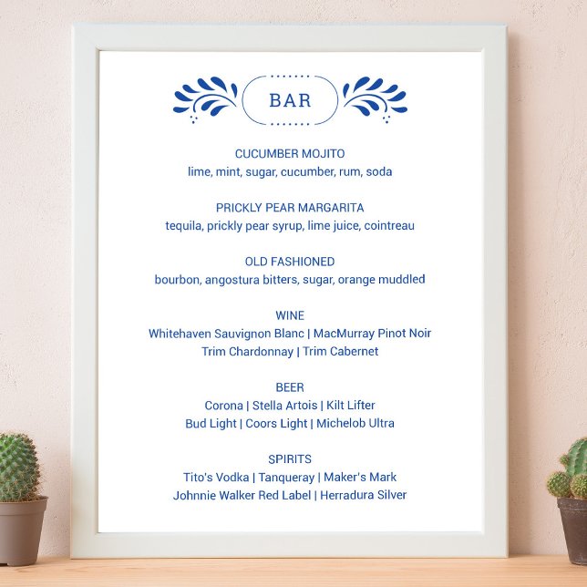 Puebla Style Blue Wedding Bar Menu Sign Poster (Puebla Style Blue Wedding Bar Menu Sign by Fiesta Valley Print)