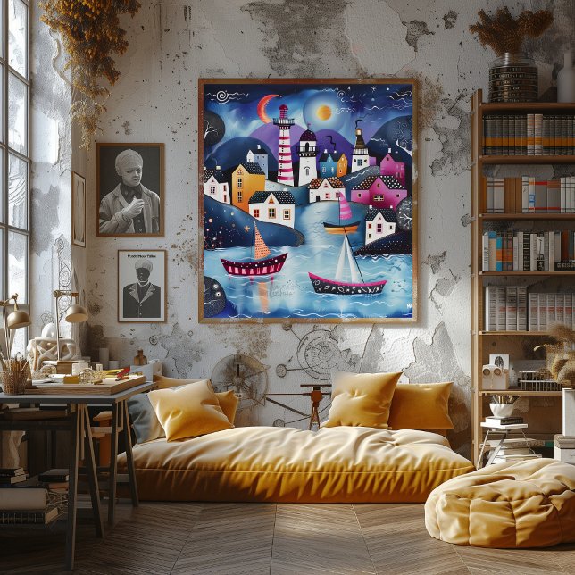 Pueblo Costero Nocturno: Paisaje Folk y Naive. Poster (Von Creator hochgeladen)