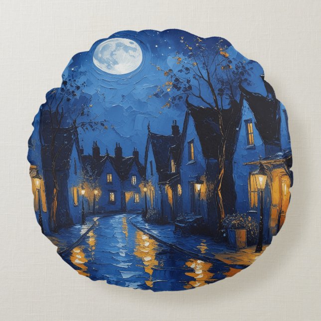 Pueblo de noche con luces y faroles rundes kissen (Vorderseite)