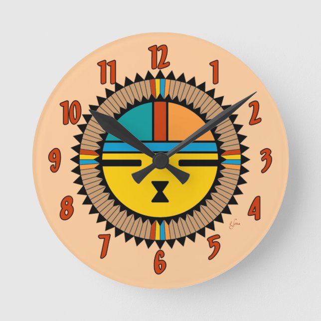 Pueblo Katsina (Kachina) Sun stellen gegenüber Runde Wanduhr (Vorderseite)