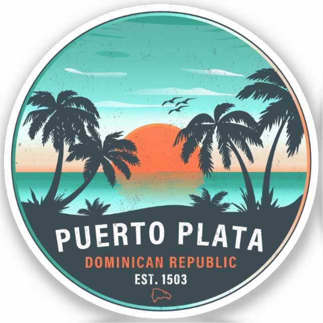 Puerto Plata Dominican Retro Sunset Souvenir 60er Aufkleber (Vorderseite)