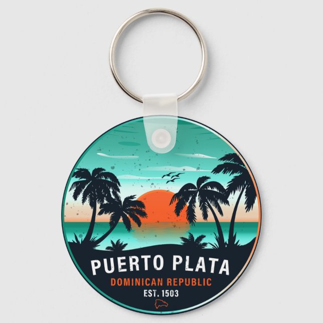 Puerto Plata Dominican Retro Sunset Souvenir 60er Schlüsselanhänger (Vorderseite)