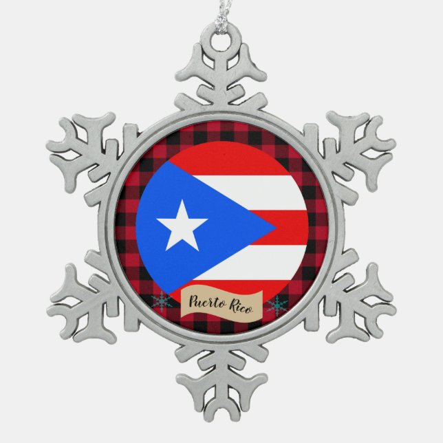 Puerto Rico, Büffel kariert, Puerto-Rico-Flagge Schneeflocken Zinn-Ornament (Vorderseite)