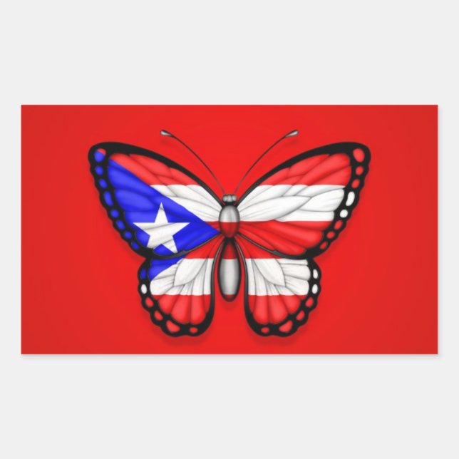 Puerto Rico Butterfly Flag auf Rot Rechteckiger Aufkleber (Vorderseite)