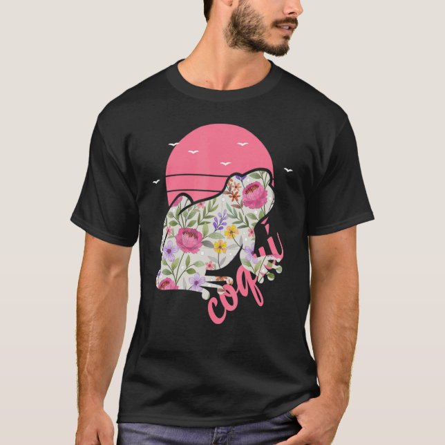 Puerto Rico Coqui Frog Blumengrafik T-Shirt (Vorderseite)