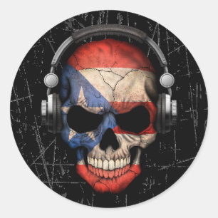 Puerto Rico Dj Skull mit Kopfhörern Runder Aufkleber