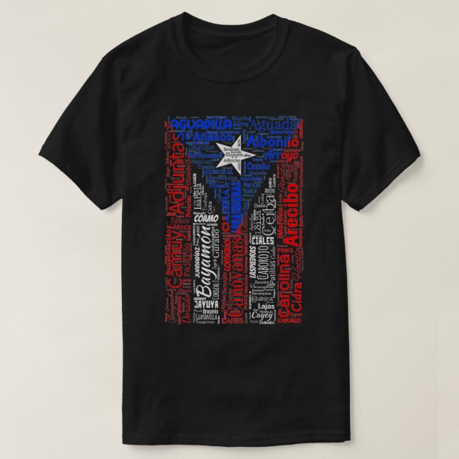 Puerto Rico Fahne mit Städten und Städten Puerto T-Shirt (Design vorne)