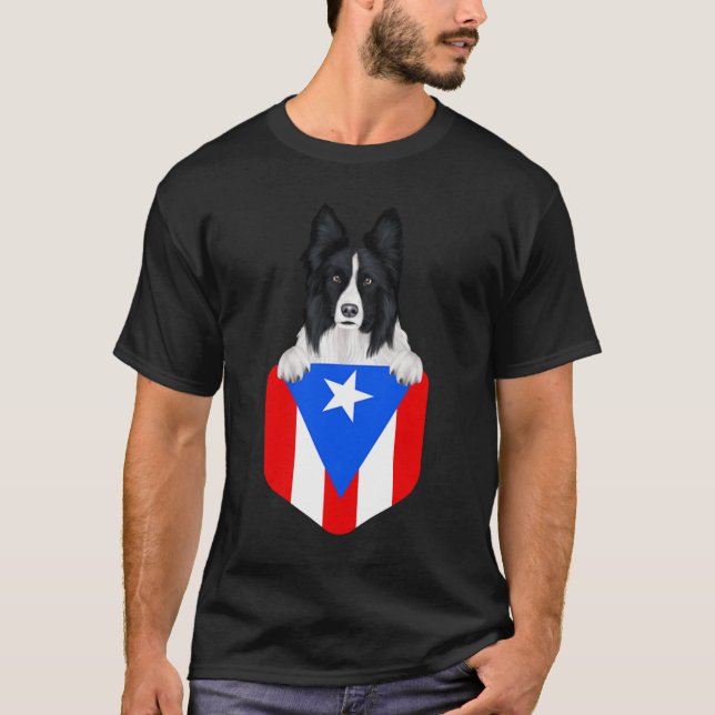 Puerto Rico Flag Border Collie Dog in Pocket T-Shirt (Vorderseite)