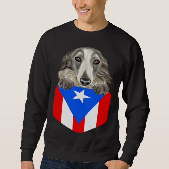 Puerto Rico Flag Borzoi Dog In Pocket Sweatshirt (Vorderseite)