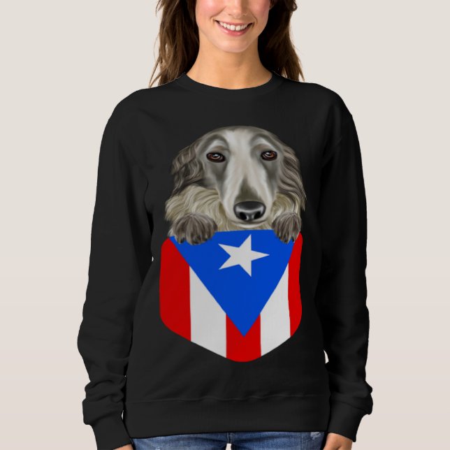 Puerto Rico Flag Borzoi Dog In Pocket Sweatshirt (Vorderseite)
