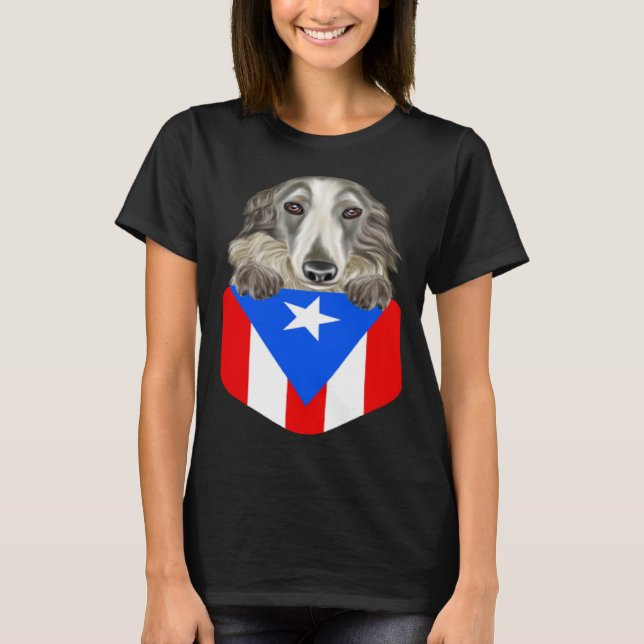 Puerto Rico Flag Borzoi Dog In Pocket T-Shirt (Vorderseite)