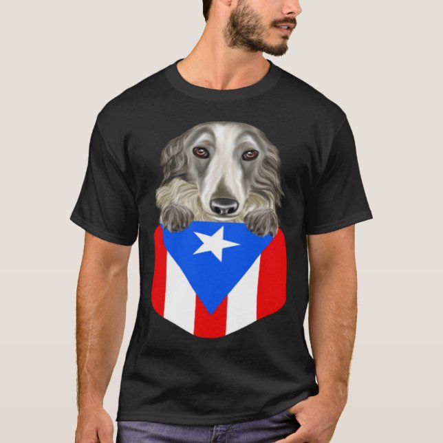 Puerto Rico Flag Borzoi Dog In Pocket T-Shirt (Vorderseite)