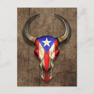 Puerto Rico Flag Bull Skull auf Holzeffekt Postkarte