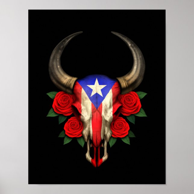 Puerto Rico Flag Bull Skull mit Rote Rosen Poster (Vorne)