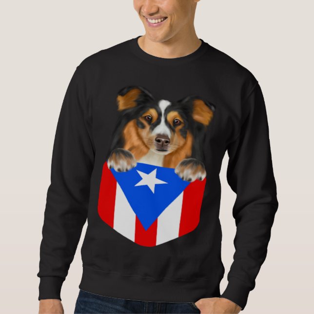 Puerto Rico Flag Shetland Sheepdog Dog In Pocket Sweatshirt (Vorderseite)