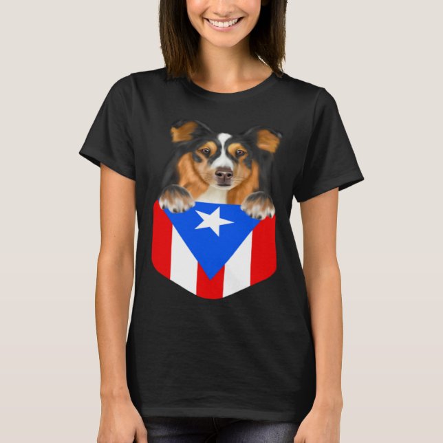 Puerto Rico Flag Shetland Sheepdog Dog In Pocket T-Shirt (Vorderseite)
