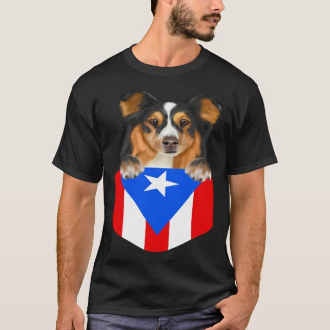 Puerto Rico Flag Shetland Sheepdog Dog In Pocket T-Shirt (Vorderseite)