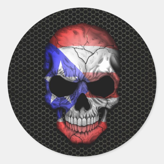 Puerto Rico Flag Skull auf Steel Mesh Graphic Runder Aufkleber (Vorderseite)