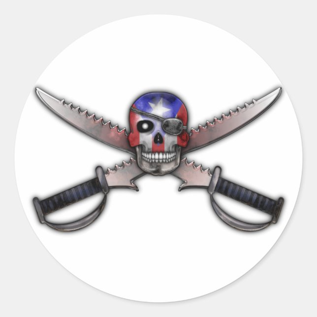 Puerto-Rico-Flagge - Schwerter mit Schädel und Kre Runder Aufkleber (Vorderseite)