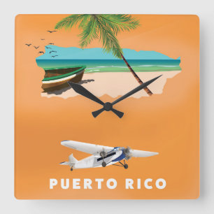 Puerto Rico illustrierte Karte Reiseplakat. Quadratische Wanduhr