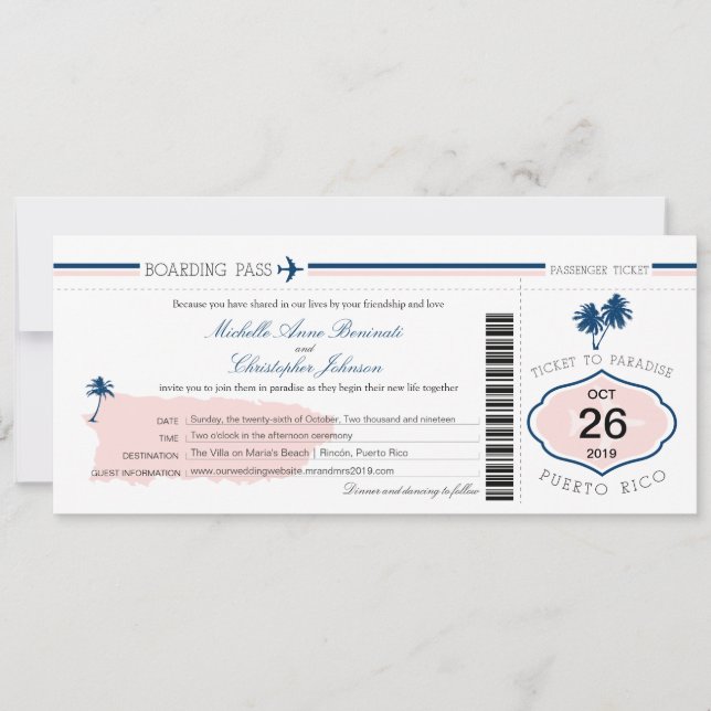 Puerto Rico Palm Tree Wedding Boarding Pass Einladung (Vorderseite)