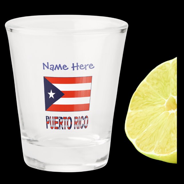 Puerto Rico Puerto Rico Flag Blau Personalisiert Schnapsglas (Shot glass has Puerto Rican flag and words PUERTO RICO below in flag colors. Above, add a name.)