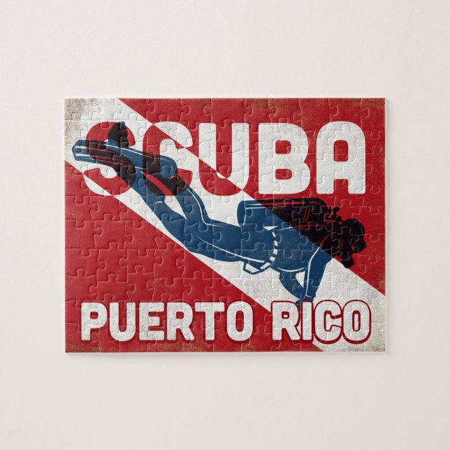 Puerto Rico Scuba Diver - Blue Retro Puzzle (Horizontal)