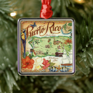 Puerto Rico Vintage Illustrierte Karte Ornament Aus Metall