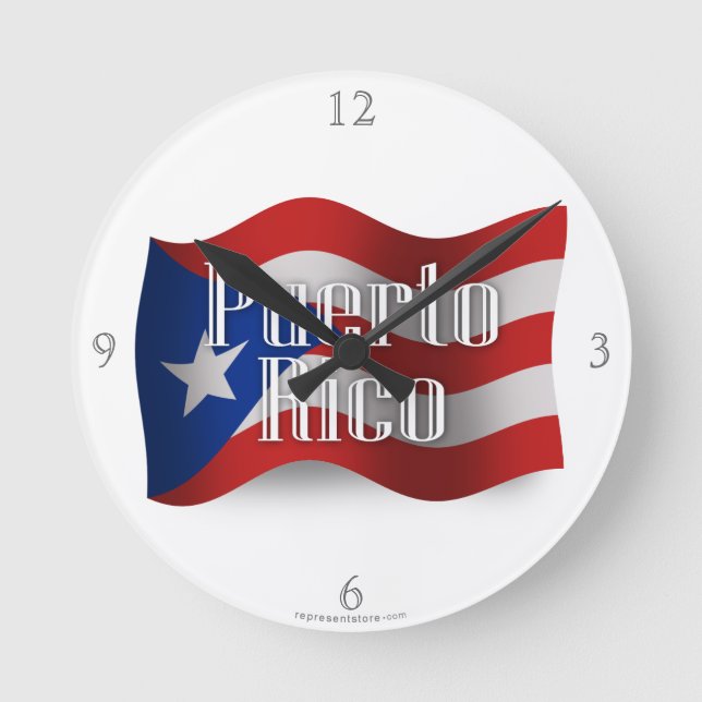 Puerto Rico Waving Flag Runde Wanduhr (Vorderseite)