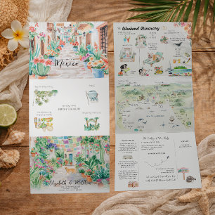 Puerto Vallarta Aquarell-Hochzeitsreiseplan Dreifach Gefaltete Einladung