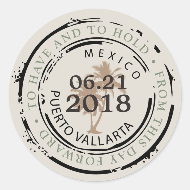 Puerto Vallarta Mex Passport Briefmarke mit Palmen Runder Aufkleber (Vorderseite)