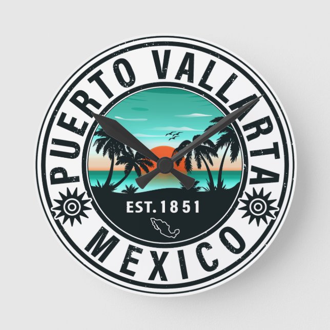 Puerto Vallarta Mexico Retro Sunset Souvenirs 60er Runde Wanduhr (Vorderseite)