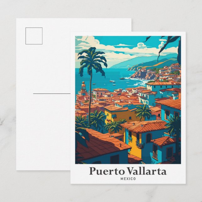 Puerto Vallarta Mexico Vintage Reise Illustration Postkarte (Vorne/Hinten)