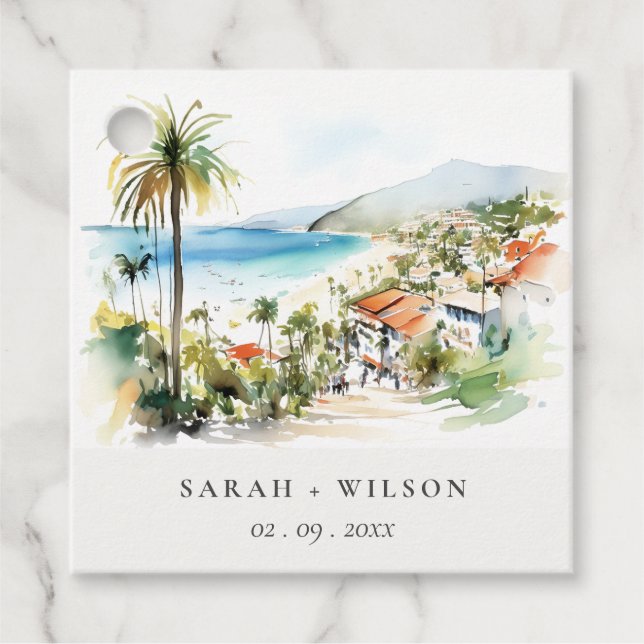 Puerto Vallarta Mexico Watercolor scape Wedding Geschenkanhänger (Vorderseite)