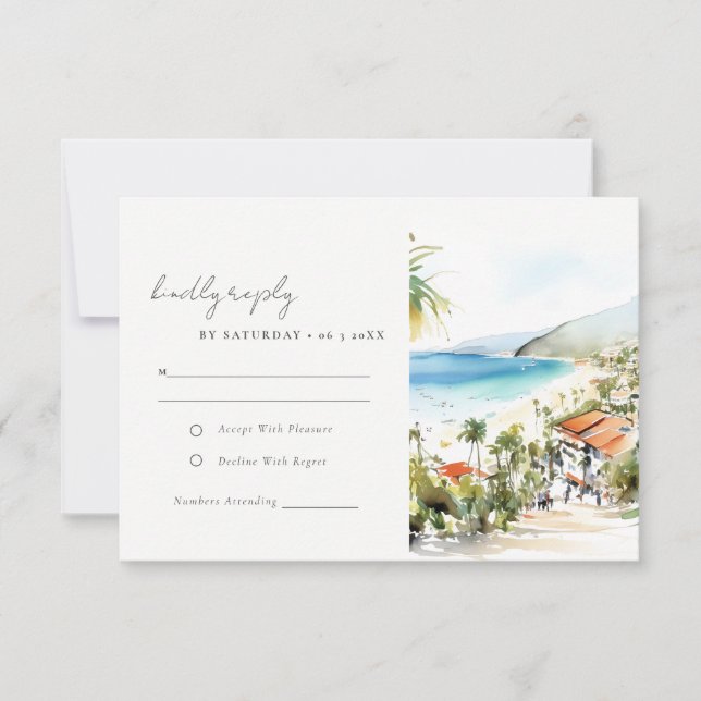 Puerto Vallarta Mexico Watercolor Scape Wedding RSVP Karte (Vorderseite)