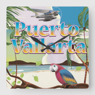Puerto Vallarta, mexikanisches Urlaubsposter Quadratische Wanduhr