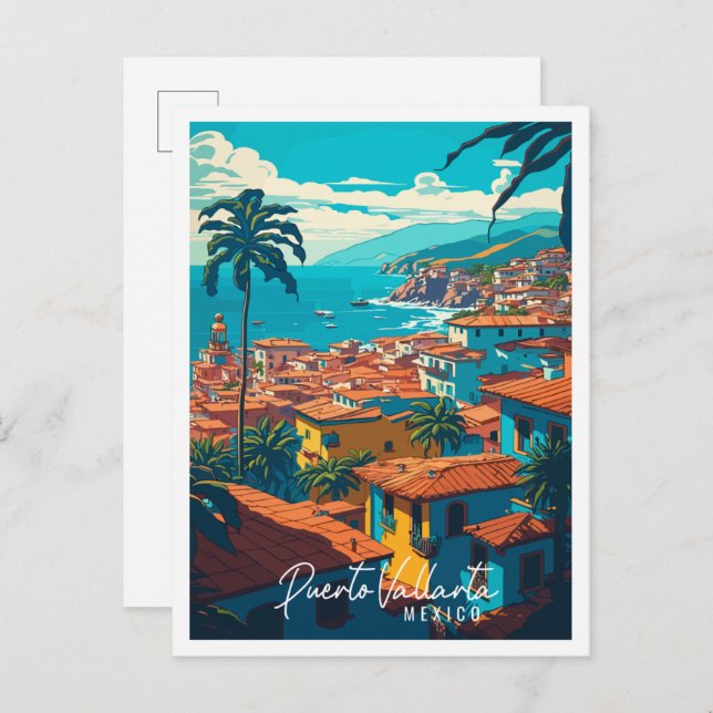 Puerto Vallarta Mexiko Vintage Illustration Postkarte (Vorne/Hinten)