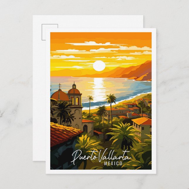 Puerto Vallarta Mexiko Vintage Illustration Postkarte (Vorne/Hinten)