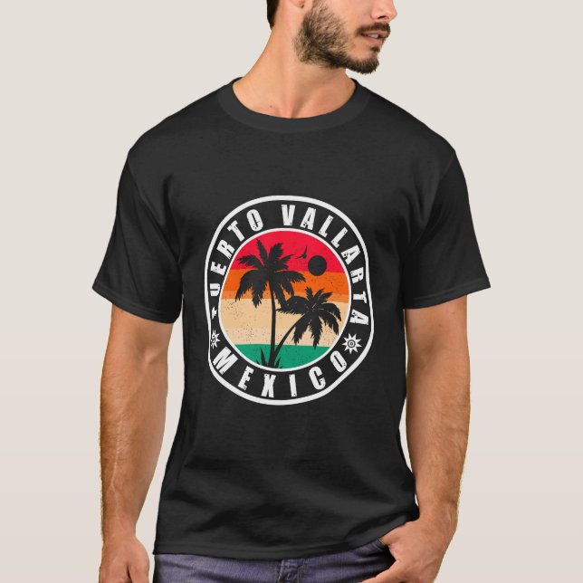 Puerto Vallarta Palm Tree Retro 80er Mexican Playa T-Shirt (Vorderseite)