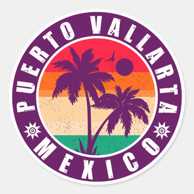 Puerto Vallarta Palm Tree Retro Souvenir 80er Runder Aufkleber (Vorderseite)