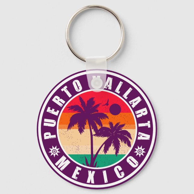 Puerto Vallarta Palm Tree Retro Souvenir 80er Schlüsselanhänger (Vorderseite)